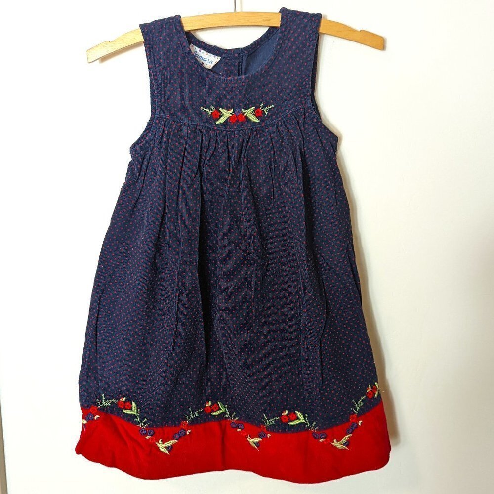 Vintage Samara Corduroy Dress Children’s Polka‎ Dot Flower Embroidered